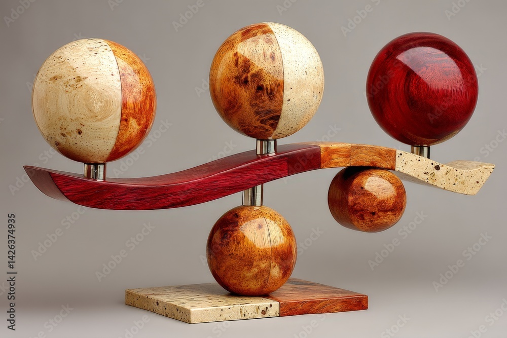 Poster wood sculpture featuring balanced spheres and a flowing base in an art display
