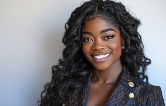 Close-up portrait of a smiling African American woman with a healthy smile and white teeth, representing oral care and dental hygiene