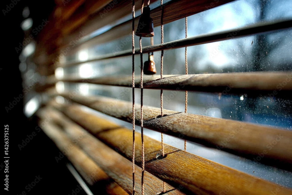 Aufkleber natural light filters through wooden blinds creating a warm ambiance in a cozy indoor setting during