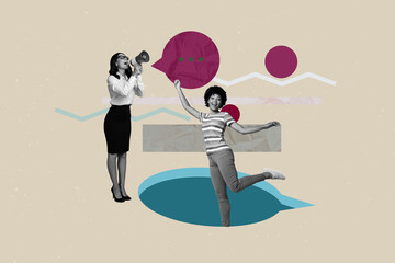 Creative full artwork collage of two happy girls dance jump bubble communication speech icon...