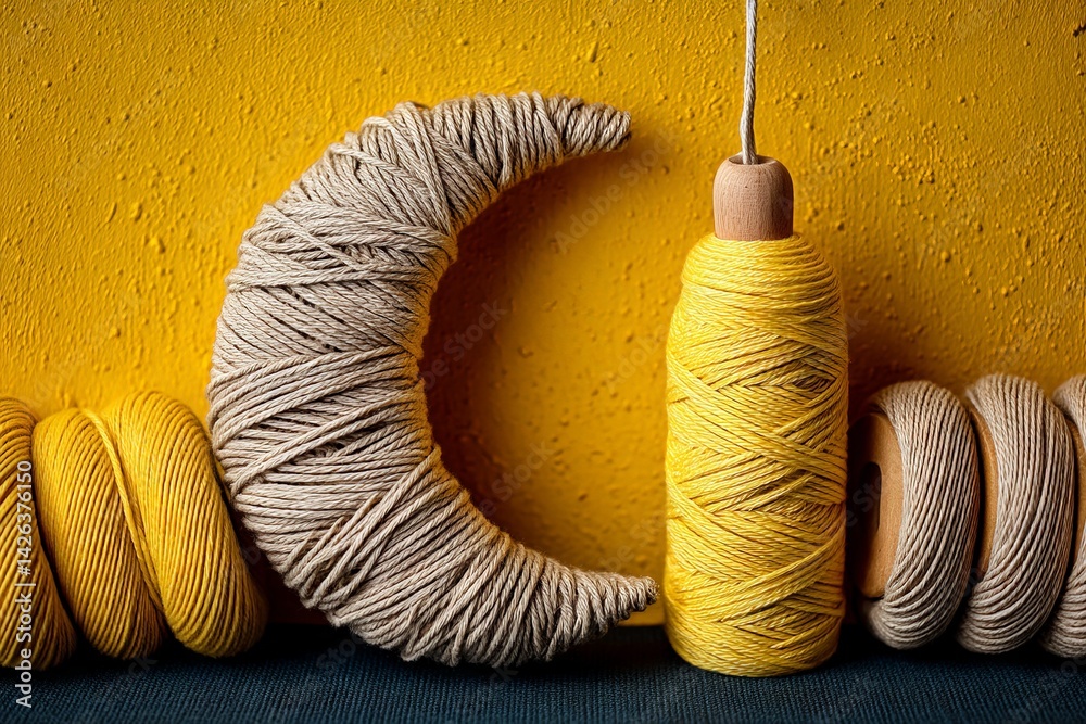 Poster creative display of yarn in various shades of yellow with a unique moon shape made from rope