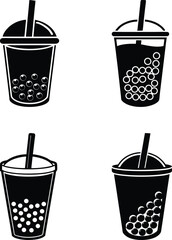 Bubble Tea Silhouette Icons Set – Black Boba Drink Vector Illustration.