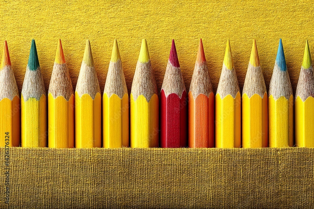 Poster Collection of colorful pencils arranged neatly on a vibrant yellow background suitable for art or design activities