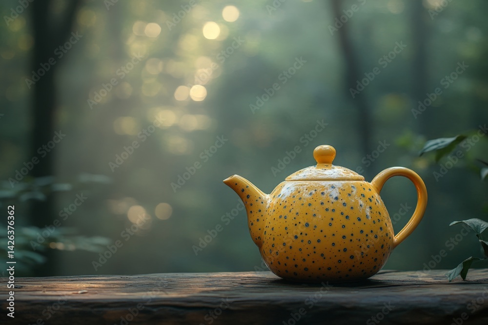 Poster Yellow teapot on wooden table surrounded by misty forest at dawn with soft light filtering through trees