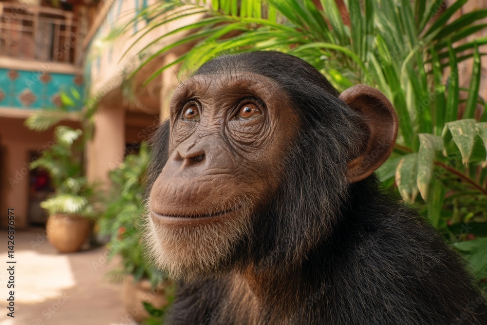 Poster close-up of a curious chimpanzee observing its surroundings in a tropical setting during daylight ho