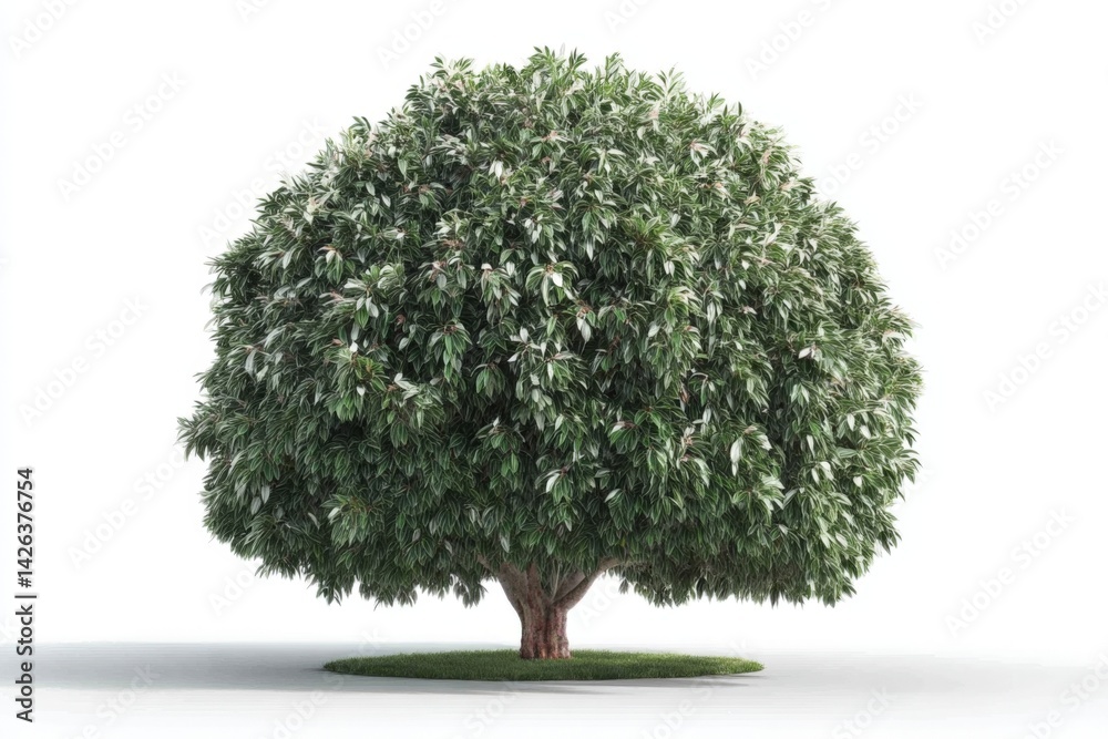 Poster Large tree with dense green foliage standing on a grassy patch indoors in a modern setting during daylight hours