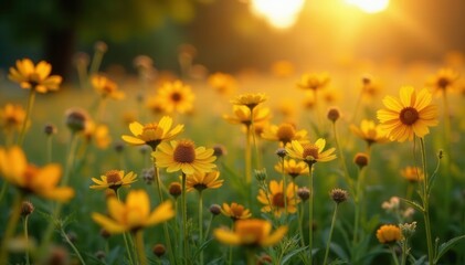 Fototapeta premium Golden light paints wildflowers with elongated shadows, creating a dramatic scene , sunset, scenic