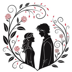 Silhouette Couple in Love Surrounded by Floral Frame