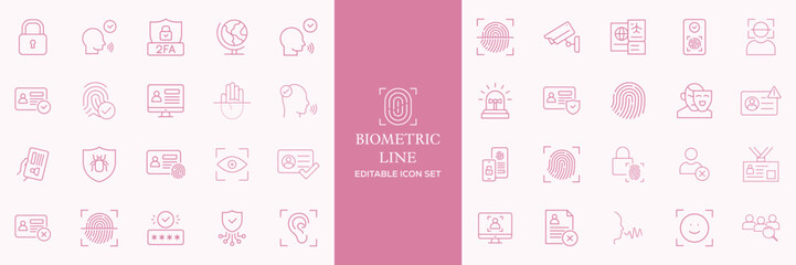 Set of biometric line icons. Identity, acces, passport, id card, verification etc. Editable stroke