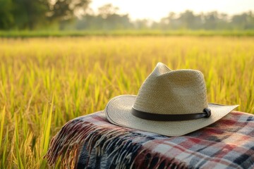 A straw cowboy hat rests on a plaid blanket in a golden rice paddy.