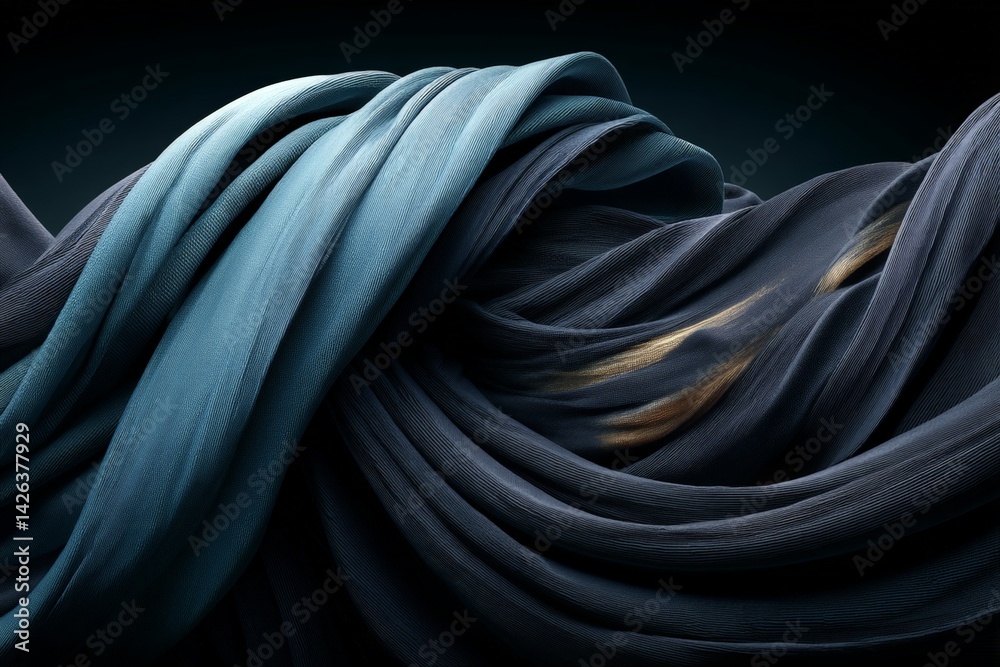 Poster elegant flowing fabric intertwining in shades of blue and black illustrating dynamic movement and te