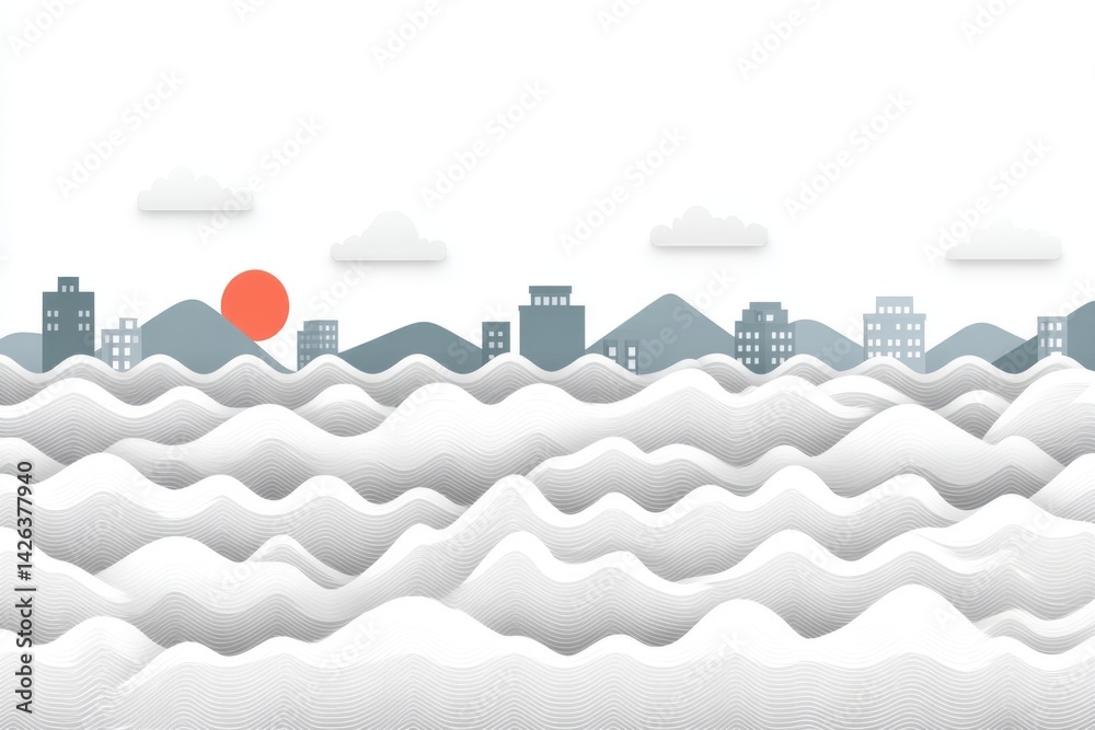 Aufkleber abstract landscape with rolling waves and sun setting behind mountain silhouettes in a minimalist de