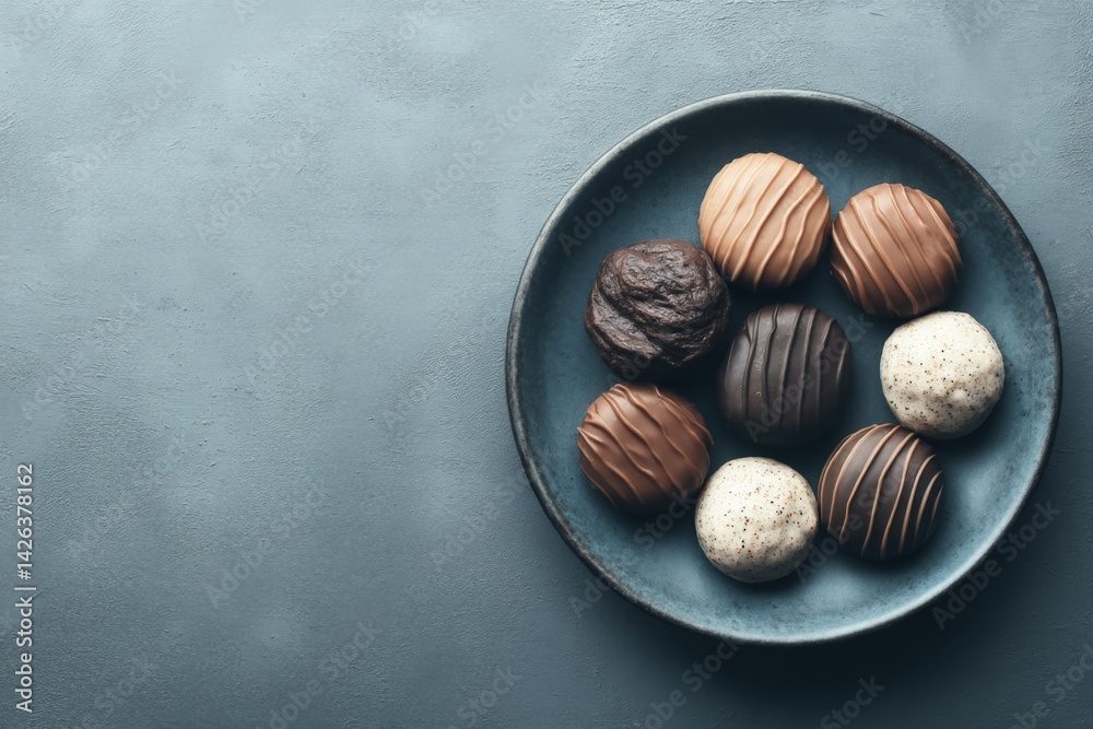 Poster assorted gourmet cookies displayed on a blue plate with a rustic background