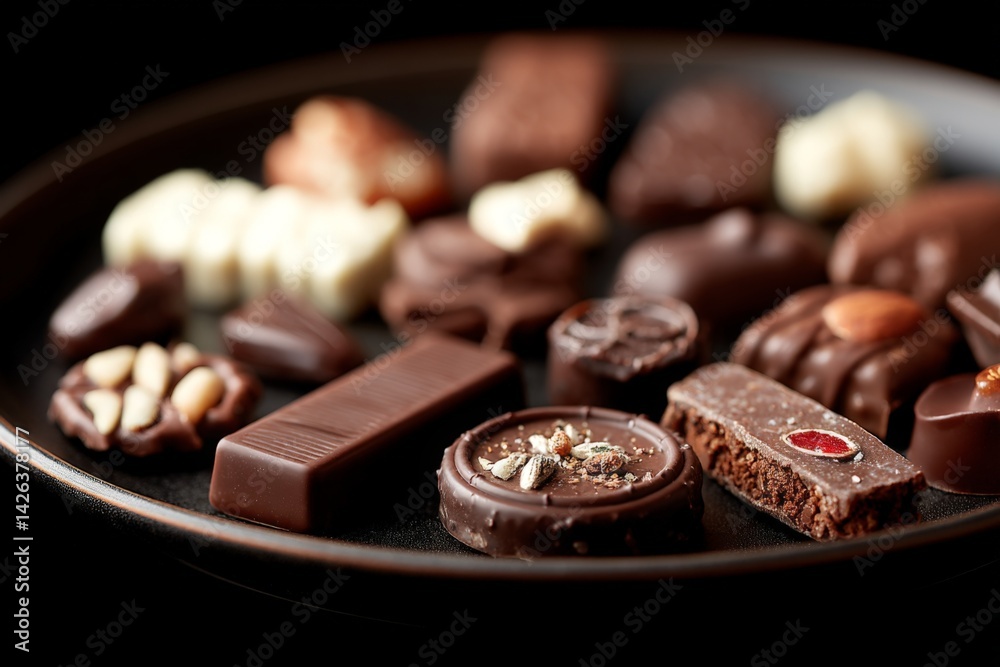 Poster delightful assortment of handmade chocolates on a dark plate captured in a cozy setting