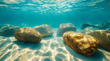 Obraz premium Sunlight filters through turquoise water over rocks and sand.