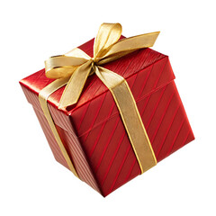 Red gift box with gold ribbon. Present, surprise, celebration.