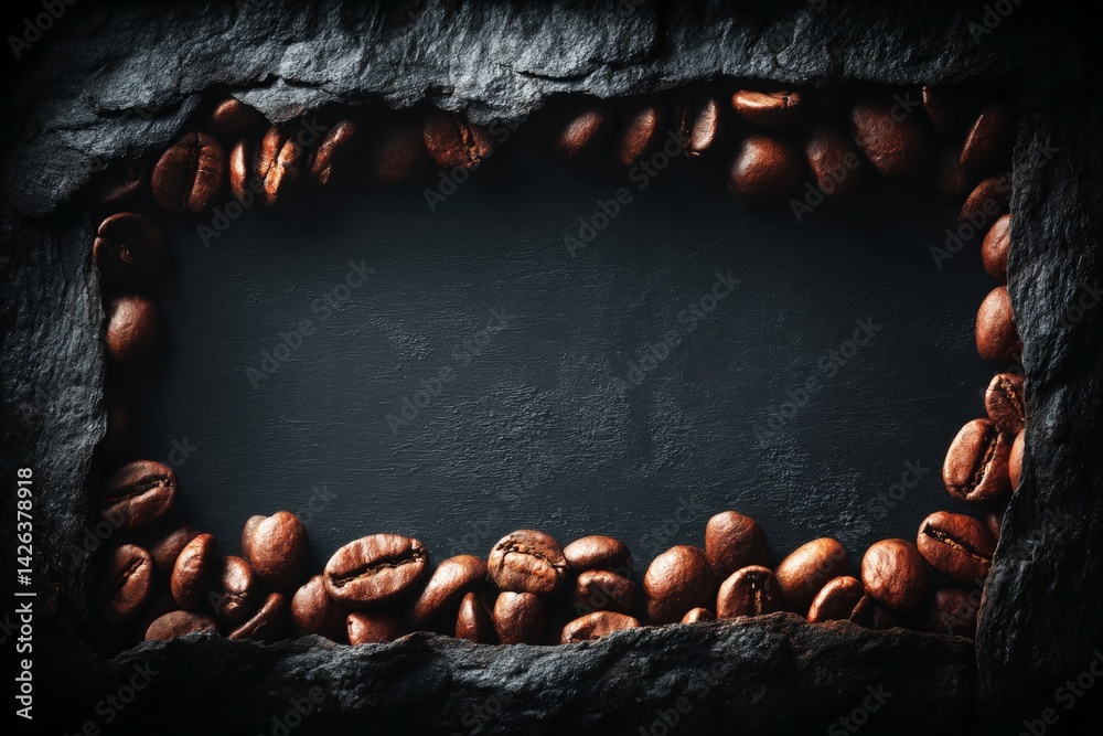 Poster delicious dark coffee beans arranged in a decorative border on a textured black surface for a warm c
