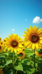 Fototapeta premium Golden sunflowers, vibrant blue sky, summer field , flower, plant