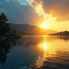 Obraz premium Golden sun flares across rippling lake, creating vibrant, sparkling patterns , vibrant, outdoors