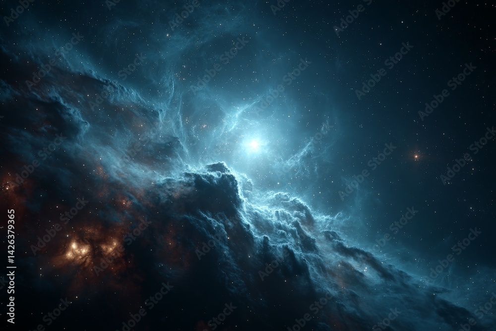 Poster captivating celestial cloud formation in a distant galaxy showcasing vibrant colors and diverse star