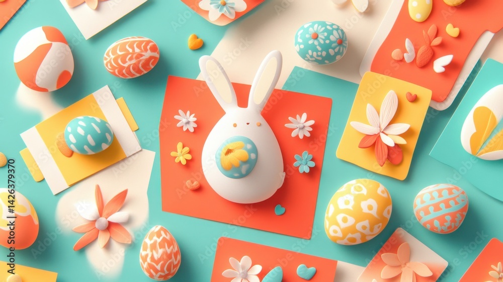 Fototapete flat lay of assorted easter cards with modern typography and spring graphics