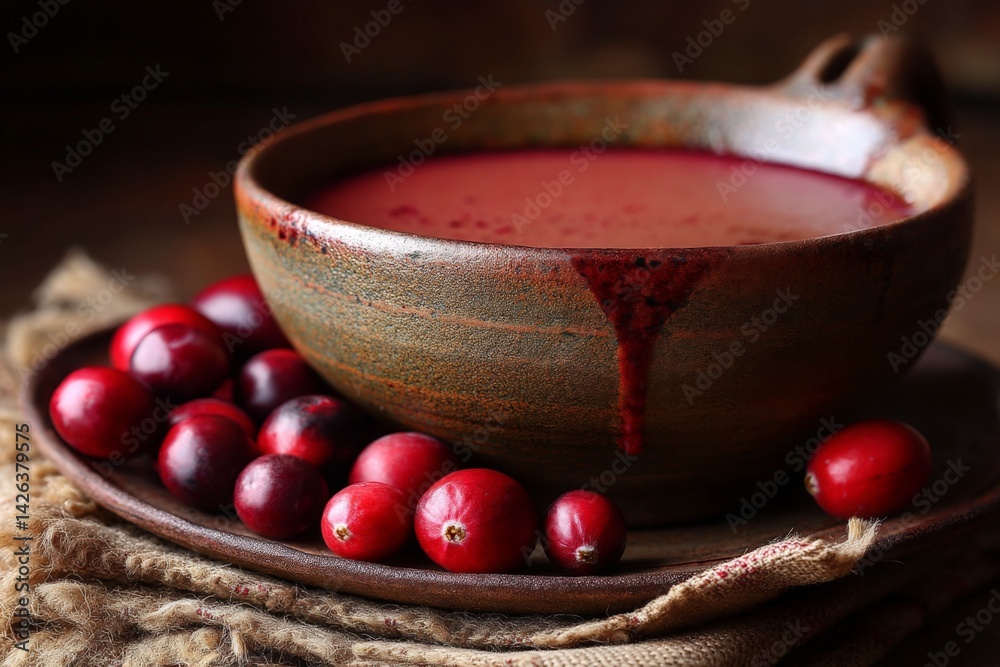 Poster cranberry soup served in a rustic bowl with fresh cranberries on a wooden table during autumn season