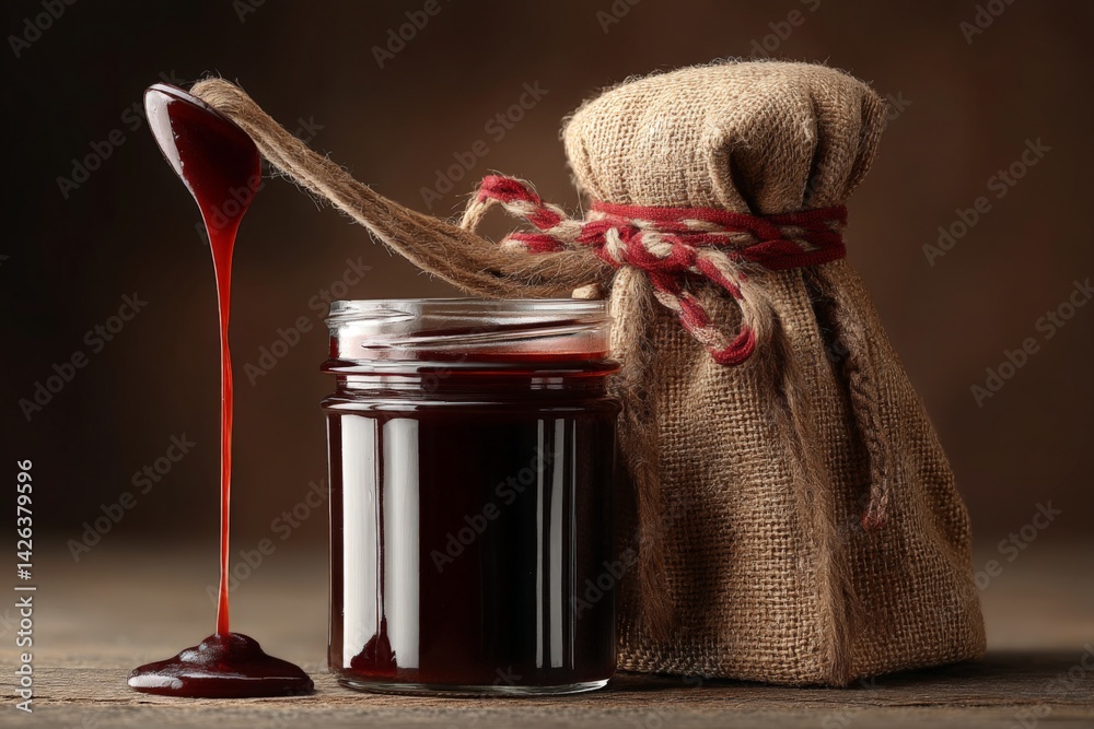 Poster delicious jam oozing from jar with rustic burlap bag on wooden table