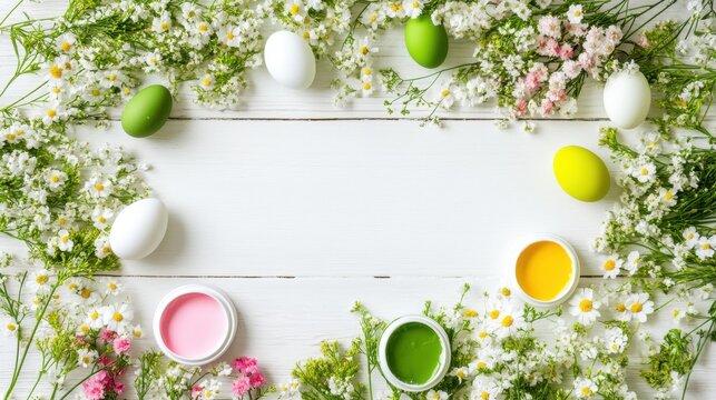 Flat lay of Easter egg painting supplies with partially decorated eggs on white table