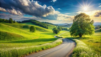 Obraz premium Serene Winding Road Through Lush Green Rolling Hills Under a Sunny Sky