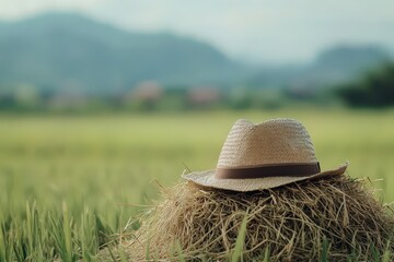 Straw hat atop a bale of hay in a rural field.