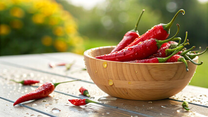 Red Chilies in wooden bowl with water drop on wooden surface. Red Chilies growing in field sunny day in natural Background