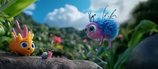Cute Floral monsters, meadows spirits magic background. Mountain ranges above the blooming valley. Photo wallpaper