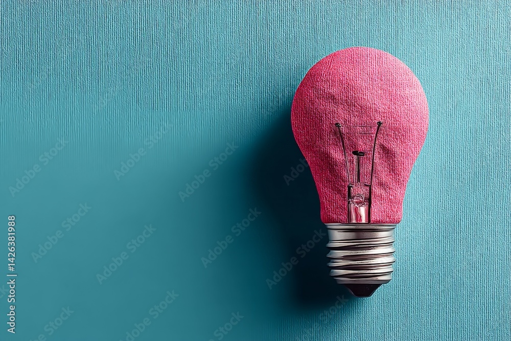 Poster bright pink light bulb stands against a textured blue background creating a striking visual contrast