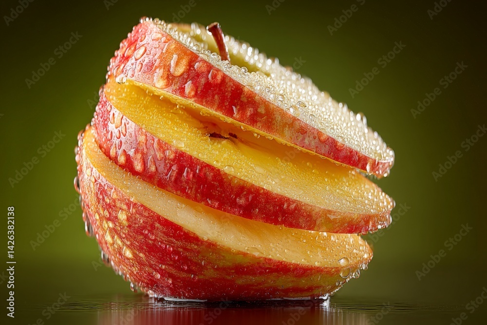 Poster sliced apple with droplets glistening against a soft green background at a close distance