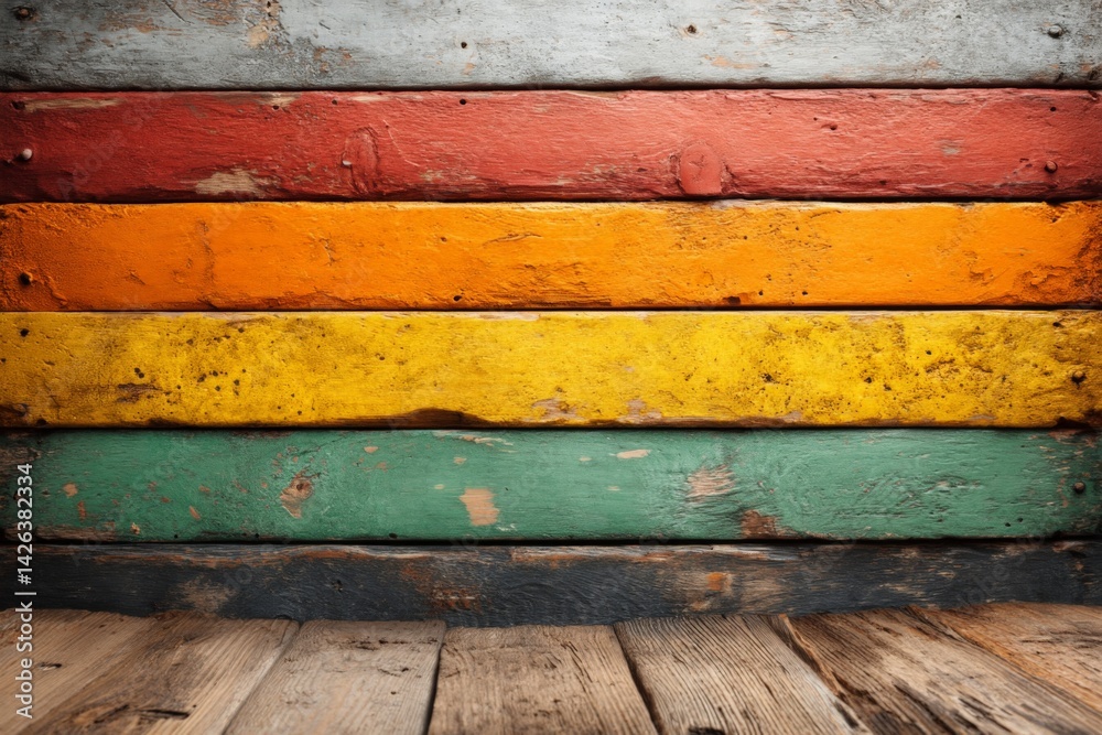 Poster Colorful wooden planks arranged in horizontal stripes create a rustic backdrop for various artistic displays or craft projects