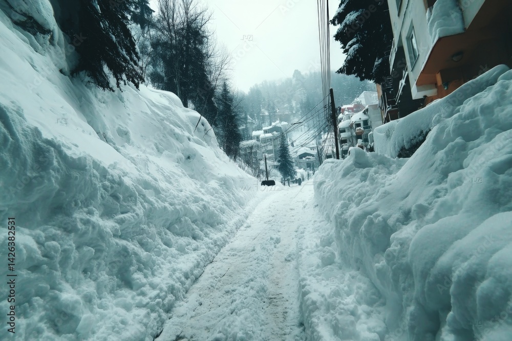 Poster snow-covered pathway in a quiet mountainous area during winter with distant houses visible in the ba