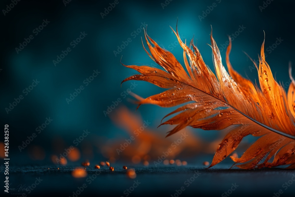 Aufkleber vibrant orange leaf with droplets rests on surface, illuminated by soft blue lighting, creating a st