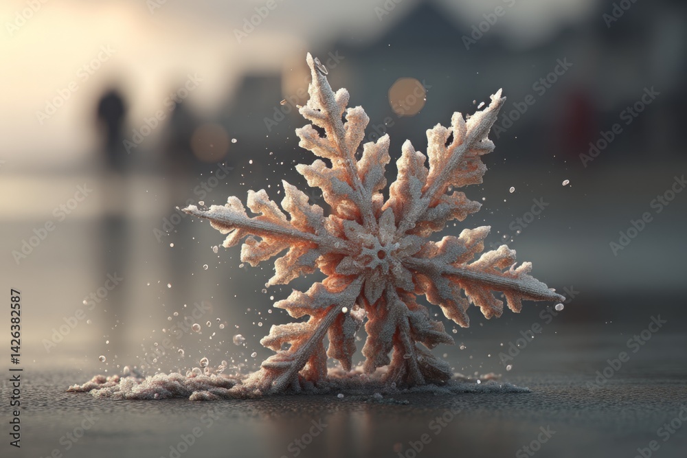 Poster snowflake resting on wet surface as sunlight casts a gentle glow during early morning hours in a win