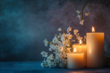 Candles with flowers on a blue background
