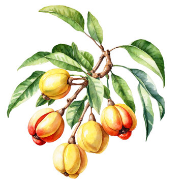 Ackee fruit with branches and some leaves watercolor art illustration transparent background isolated png stock