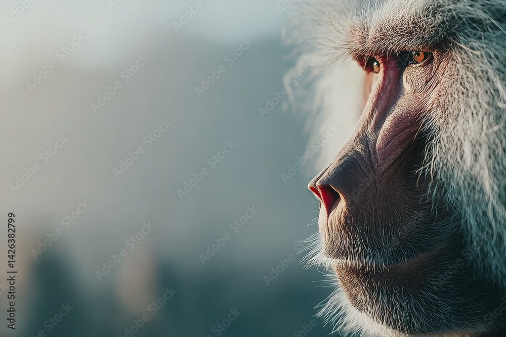 Poster baboons exhibit keen expression during golden hour at a serene location in the wild showcasing their