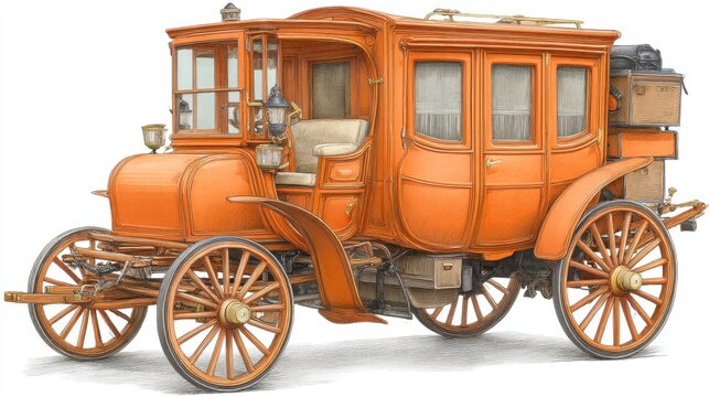 Antique orange automobile carriage detailed illustration, wooden wheels and body, light background.