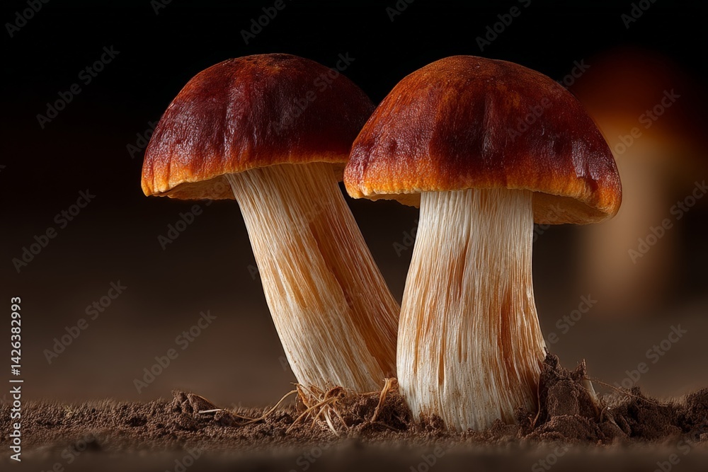 Poster Close-up of two vibrant mushrooms in a dark forest setting capturing details of texture and color under natural light