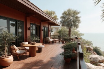 Fototapeta premium Relaxation space overlooking the water with tropical plants and cozy seating in a serene coastal setting