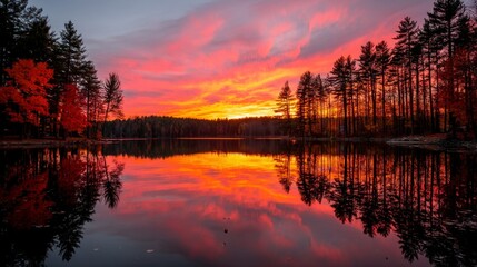 Fototapeta premium Vibrant sunset reflected in a calm lake, surrounded by autumnal trees. Red and orange hues dominate the sky and water.