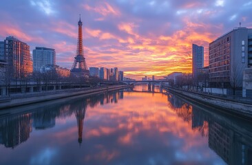 Vibrant sunrise paints the cityscape & river with fiery hues, reflecting a tranquil beauty