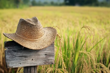 Rustic straw hat rests on weathered wooden signpost in a golden rice paddy.