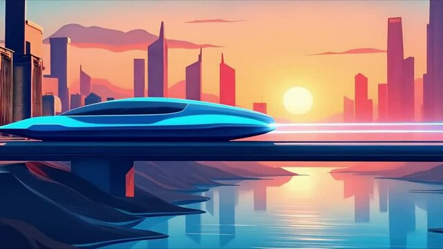 Hovering cars under the city sunset