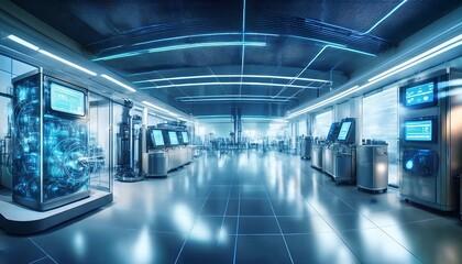 Fototapeta premium futuristic ai controlled clean factory holographic displays monitoring real time air purification robotic hygiene maintenance ensuring pollution free conditions
