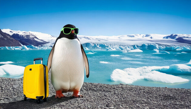 A thoughtful illustration of a penguin wearing stylish sunglasses and carrying a travel suitcase, standing in front of a melting polar ice landscape. Behind it